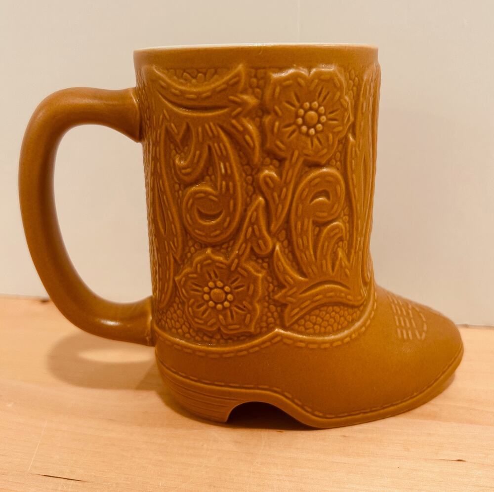 Vintage Ceramarte Brazil Cowboy Boot Mug Ceramic Stein Western Floral Tan Brown